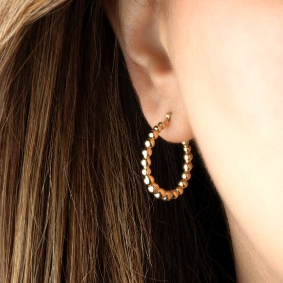 14K Yellow Gold Reversible Striped Bead Hoop Earrings...